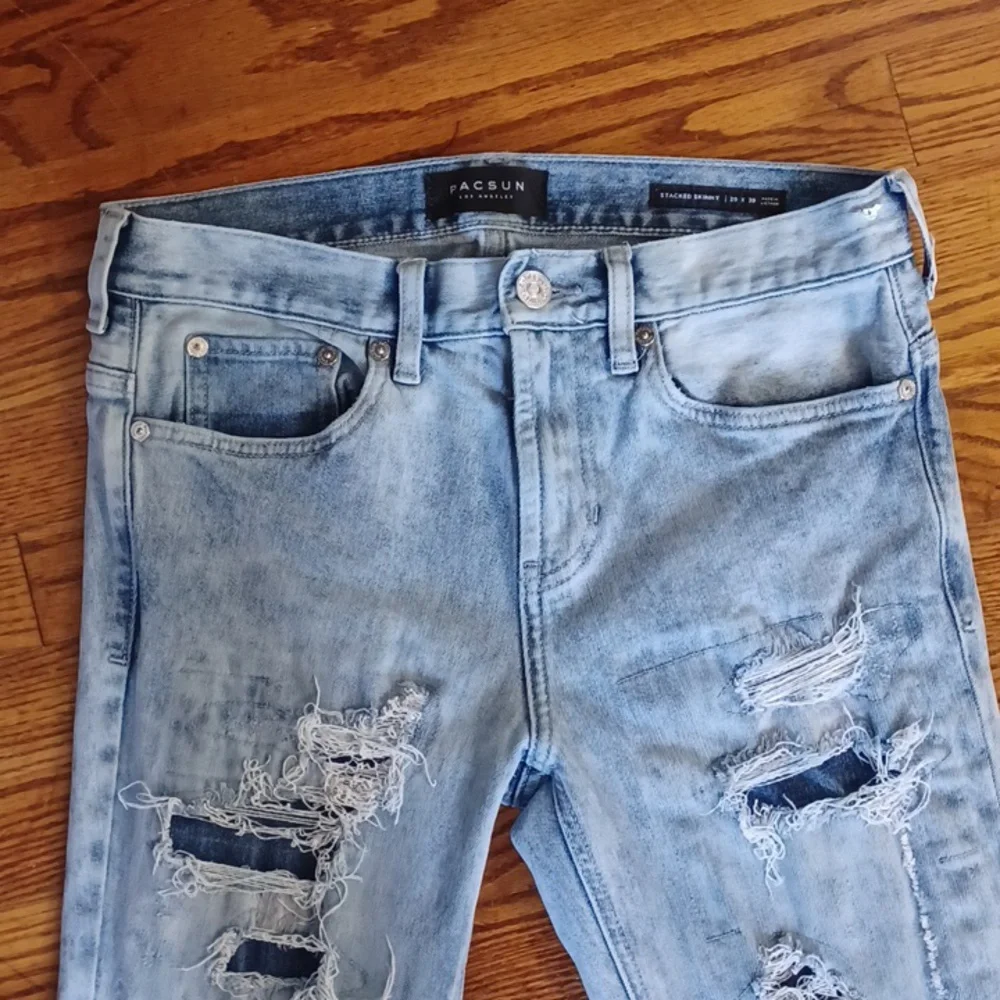 PacSun - Mens 29X30 Stacked/Distressed Light Wash Skinny Jeans Zippered Ankles - Picture 5 of 11